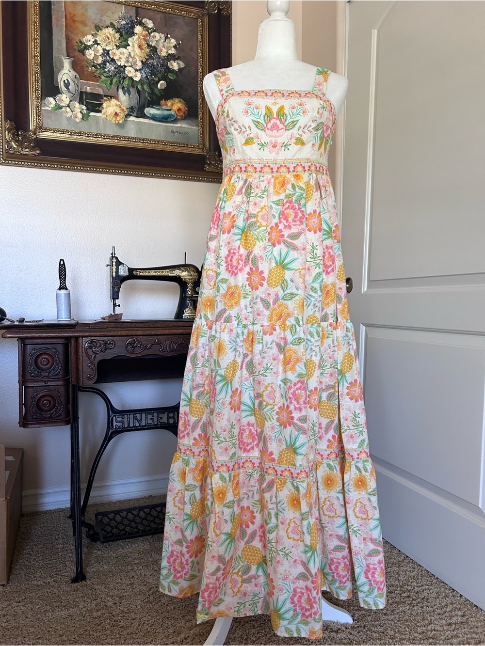 Rachel Zoe Floral Tiered Maxi Dress - Coral, Yellow & Green